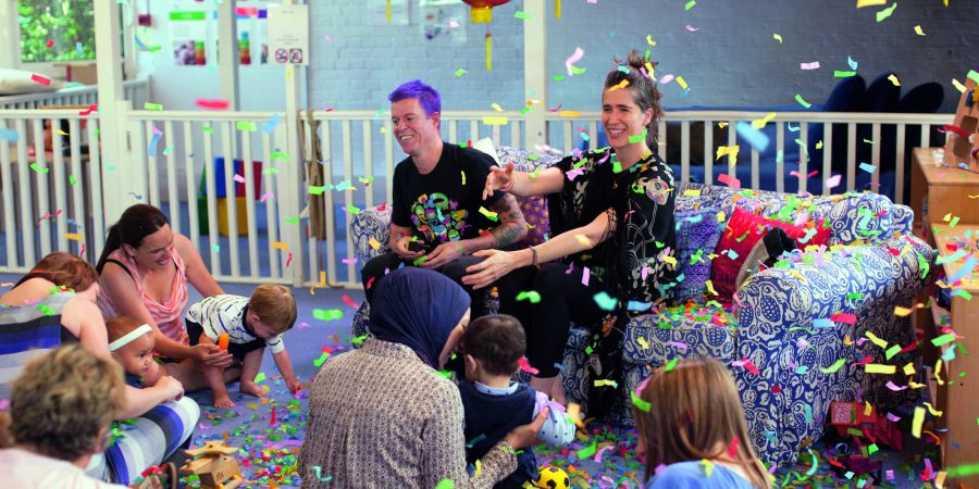 Imogen Heap and Caspar Addyman playing The Happy Song to the babies who helped create it.