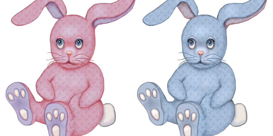two toy bunnies one pink, one blue